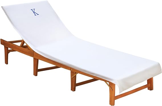 COTTON CRAFT Monogrammed Pool Lounge Chair Cover - Hotel Spa Chaise Embroidered Beach Chair Towel - Soft Absorbent 100% Ringspun Cotton Terry - Oversized 32 inch W x 82 inch L x 7 inch Pocket- White K