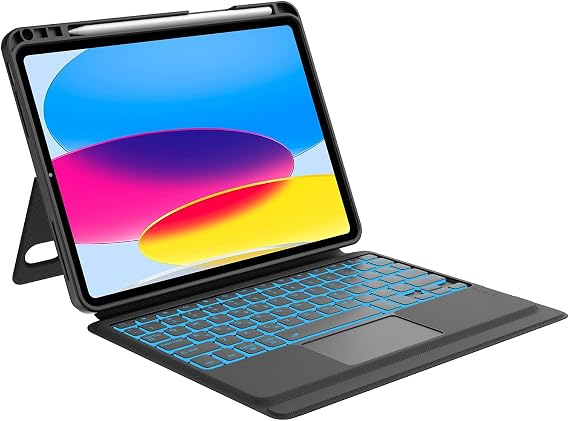 KVAGO ipad 10th/11th Generation case with Keyboard, 7 Colors Backlit, Multi-Touch Trackpad,Portrait/Landscape, Magnetic Detacha ipad a16 case with Keyboard Case, Black