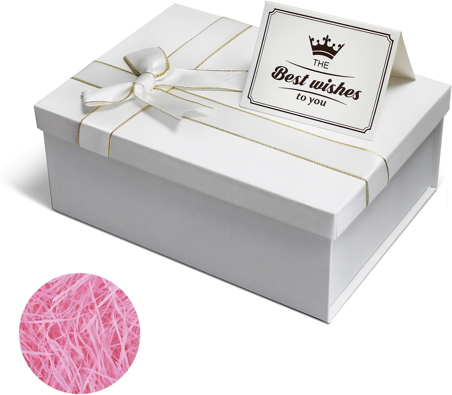Eerbaier White Gift Box with lid - 8.8x6.3x3.5 Inches Present Box with Raffia Paper Fill and Greeting Card - Premium Cardboard Gift Boxes for Presents