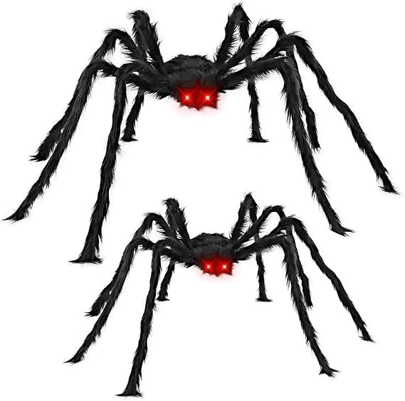 2 PCs Giant Halloween Outdoor Decorations Hairy Black Spider, Scary Giant Spider, with Scary- Glowing Eyes,Fake Large Haunted House Props, Halloween Yard Lawn Decorations Party Indoor(5Ft+3Ft)