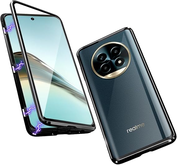 QUIETIP Case Compatible with Realme 13 Pro & 13 Pro+ Plus,Magnetic Body Metal Frame Double Sided Clear Tempered Glass Cover with Camera Protection,Black