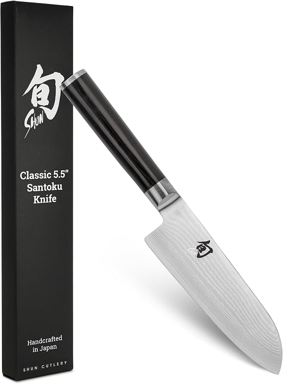 Shun Classic 5.5" Santoku Knife, Handcrafted Japanese All Purpose Knife, VG-MAX Core with Damascus Stainless Steel Cladding, Pakkawood Handle, Versatile Japanese Cutting Tool | Handcrafted Japanese All Purpose Knife, VG-MAX Core, Damascus Stainless Steel Cladding, Pakkawood Handle.