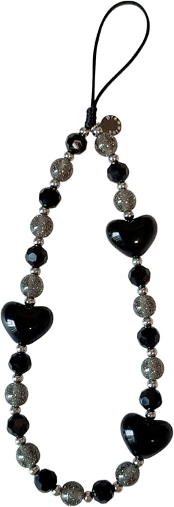 Drawwind Phone Charm Beaded Wristlet Strap Universal Cell Phone Lanyard Cute Bracelet Wrist Strap Beaded Chain String Handmade Accessories for Case Camera Bags (Black Hearts)