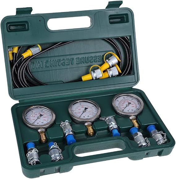 Hydraulic Pressure Test Kit, 250/400/600 bar, Hydraulic Test Gauge Set with 3 Gauges, 4 Test Couplings, 2 Test Connection, 3 Pressure Gauge Connector, Box for Excavator Tractors Construction Machinery