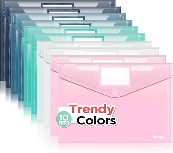 Sooez 10 Packs Plastic Envelopes, Plastic File Folders, Clear Folders | Trendy Colors, Super Heavyweight Document Holders, Storage Pouches, File Envelopes for School Office Supplies