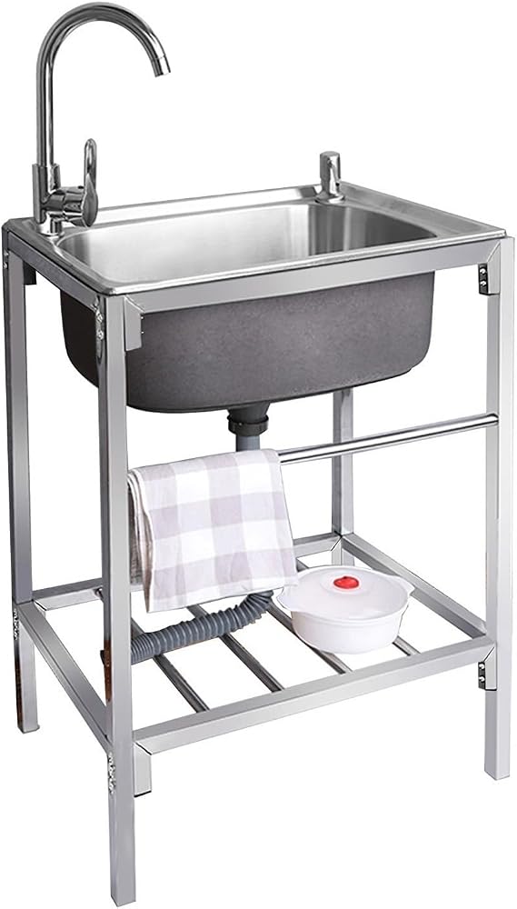 Free Standing Stainless Steel Utility Sink,Outdoor Slop Sink Laundry Tub Single Bowl Washing Hand Basin Station Sink, With Storage Shelves For Restaurant, Kitchen, Bar, Garage, Backyard Handwashing(50