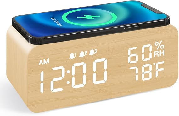 JALL Wooden Digital Alarm Clock with Wireless Charging, Dimmable, Adjustable Volume, 3 Alarms, Weekday/Weekend Mode, Snooze, Digital Clock for Bedroom, Bedside, Office, Ideal for Gift, Yellow