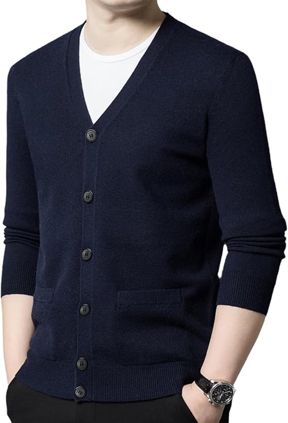 HNVAVQ Men's 100% Cashmere Cardigan Sweater Knitted Sweaters with 2 Pockets V Neck Long Sleeve Button Down Pullover
