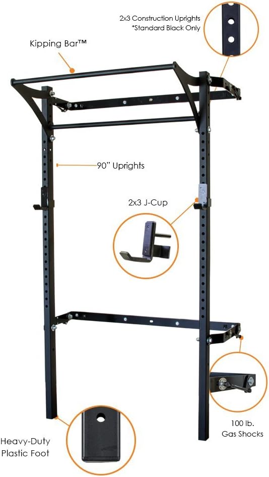 PRx Performance Profile One Folding Squat Rack 2"x3" with Pull-Up Bar - Kipping or Multi-grip Bar, Wall Mounted Home Gym Equipment, Pull Up Station, Pull Up Bar, USA-Made,1,000 lb Load Capacity, Black