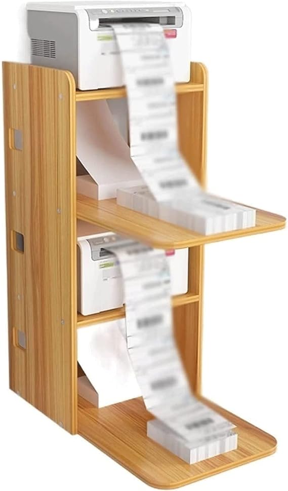 Printer Table 4-Tier Wood Printer Stand, Thermal Paper Barcode Printer Rack, Easy Assemble and Maintain Printer Holder, Space Saver Storage Shelve