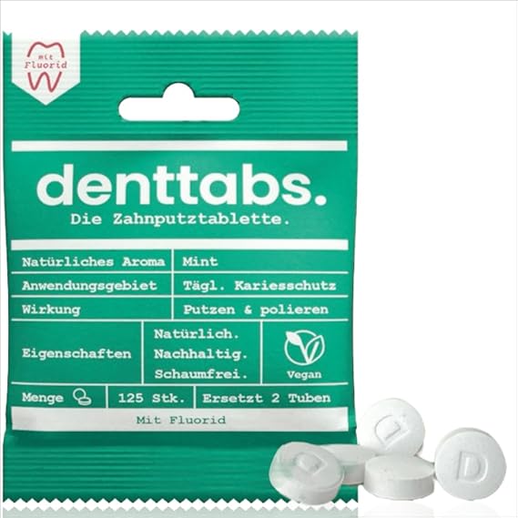 Denttabs tablets for teeth cleaning 125 pc. | Full-Fledged Alternative to Toothpaste - Vegan, Plastic-Free, Without Preservatives - Compostable Bag