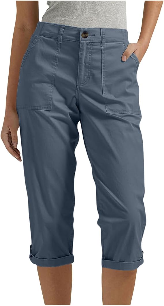 Womens Capris with Pockets Retro Lightweight Casual Cargo Pants Rolled Hem Summer Cropped Trousers Outdoor Clothes