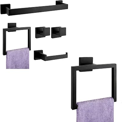 6-Pieces Matte Black Bathroom Hardware Accessories Set, SUS304 Stainless Steel Bath Towel Bar Set, Towel Racks for Bathroom Wall Mounted