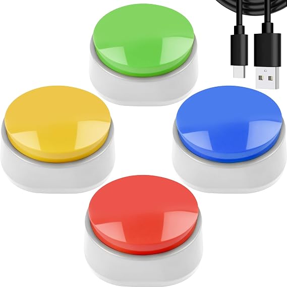 Rechargeable Pet Training Buttons with Anti-Slip Base Answer Buzzer for Dog | 30s Voice Recording Time, Dog Talking Communication Buttons and Speech Learning Device for Cats, Dogs, Small Pets - 4 Pack