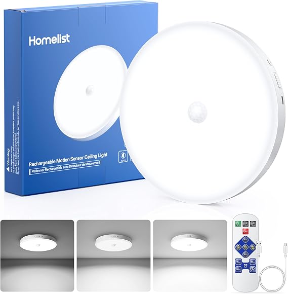 Homelist 12000mAh Rechargeable Ceiling Light-Wide Lighting Coverage | Motion Sensor Ceiling Light with Remote, Renters Friendly Battery Operated Closet Light for Shower, Garage, Porch, 6500K