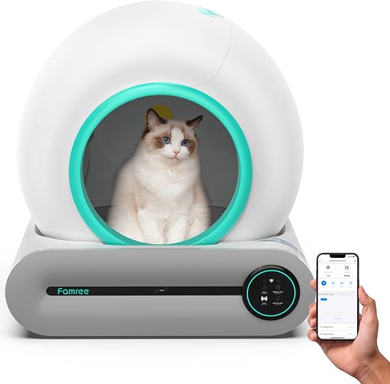 Famree Smart Self-Cleaning Cat Litter Box,Automatic Cleaning Robot with 65L+9L Large Capacity/APP Control/Ionic Deodorizer for Multiple Cats2023 New Structure, Turquoise Green