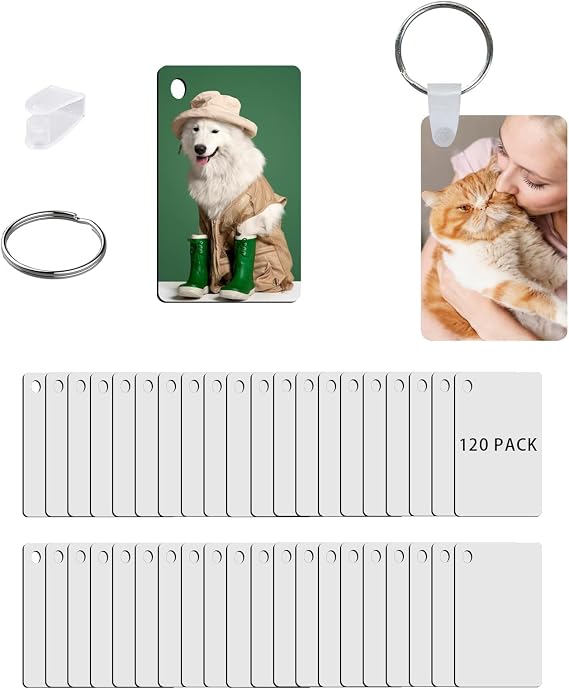 UJL 120pcs Sublimation Keychain Blanks With Rings Clips MDF Keychains Blanks Double Sides Blank Keychains Rectangle Round