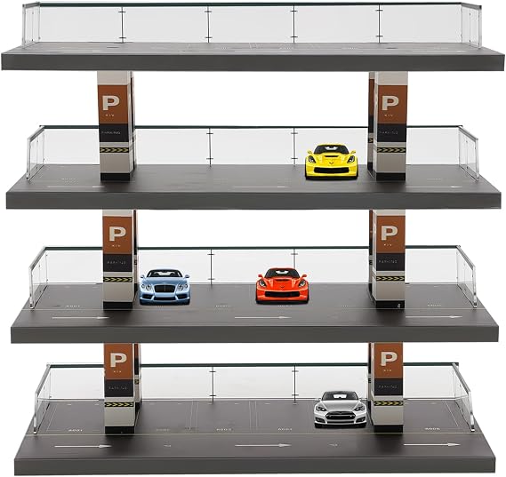 Hot Wheels Display Case, 1:64 Scale 4-Tier Vehicle Model Display Case with Parking Lot Scene for Sports Car and Model Collectors, Car Storage Tabletop Showcase for Home Office Desktop Decoration