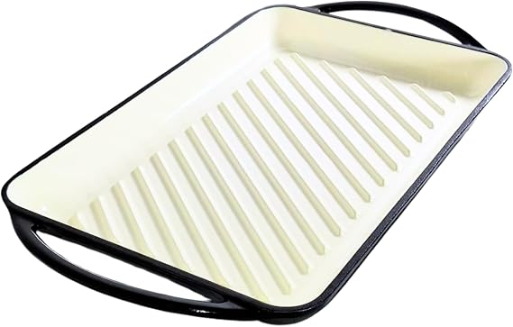 Eclat Rectangular Grill 32cm – Enamelled Cast Iron Grill Pan, Oven-Safe Stovetop Grill, Heavy-Duty Nonstick Griddle for Meat, Vegetables & BBQ (Black Grill 32cm)