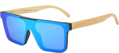 Piranha Eyewear Owen Square Blue Shield Sunglasses with Bamboo Temples