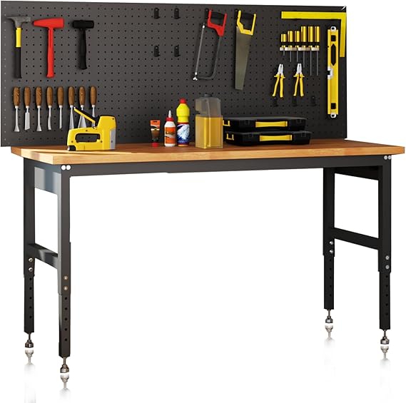 48" Heavy Duty Adjustable Workbench with Pegboard,2000 LBS Capacity, Manual Height 28-40" Garage Work Table for Workshop, Home, Office