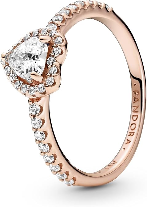 Pandora Sparkling Elevated Heart Ring - Rose Gold Ring for Women - Layering or Stackable Ring - Gift for Her - 14k Rose Gold-Plated Rose with Cubic Zirconia - Size 7