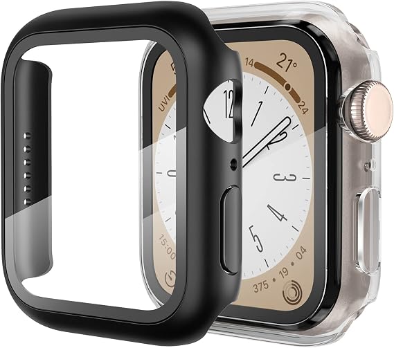ArmorSuit 2 Pack Case Designed for Apple Watch Series 8 / Series 7 (45mm) Slim Case w/Built-in Tempered Glass Screen Protector - Black + Clear