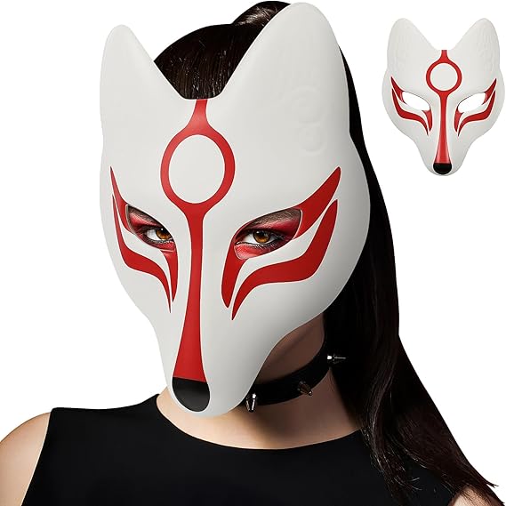 AMOSFUN Fox Mask Japanese Kabuki Kitsune Masks for Men Women Halloween Masquerade Costume Prop, White+red, Medium