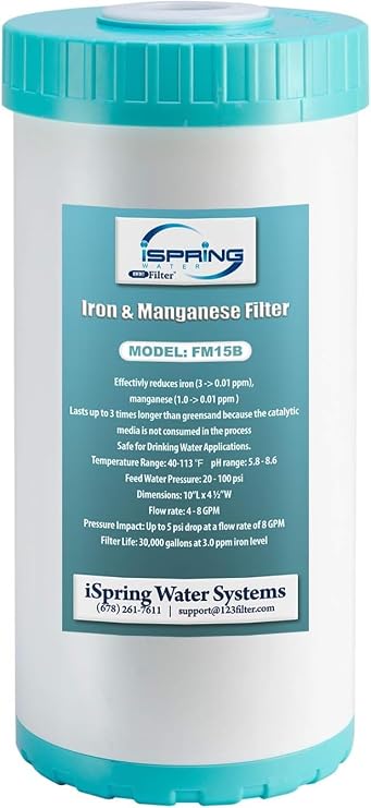 iSpring FM15B Iron and Manganese Reducing Replacement Water Filter Cartridge for Whole House Water Filtration System iSpring WGB21BM, 10"x4.5" High Capacity