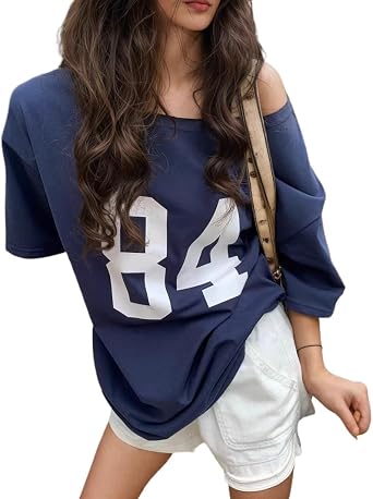 Baggy Jersey Shirts for Women Off Shoulder Tshirts Y2k Streetwear Number Graphic Short Sleeve Loose Fit Summer Tee Tops