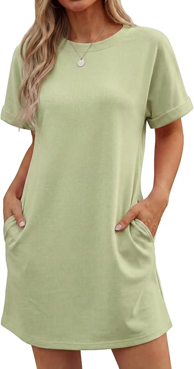 GRECERELLE Women's Casual T-Shirt Dress with Pockets Short Sleeve Shift Dresses Wrinkle-Resistant Above Knee Length