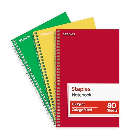 Staples 1-Subject Spiral Notebook, College Ruled, 80 Sheets, 3-Pk