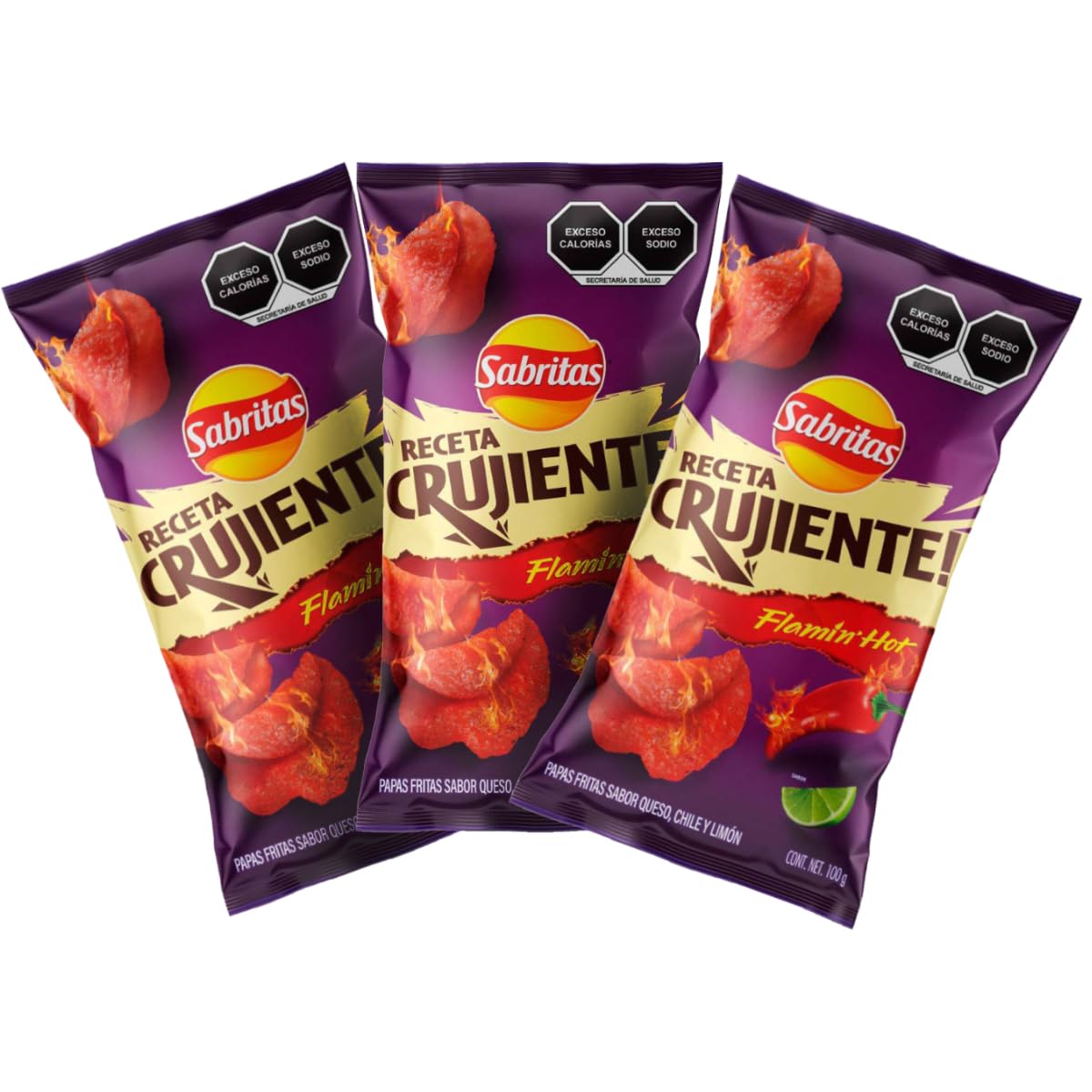 Sabritas Authentic Mexican Chips Large Bag Fresh Mexican Snacks-Cheetos Bolita, Torciditos, Colmillos, Flaming Hot, Crujitos, Churrumais, Ruffles, Rancheritos, Doritos 3-Pack Receta Crujiente Flaming Hot, 3-Pack