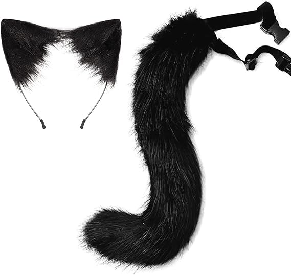 Cat Ears Headband Wolf Fox Tail Set for Women Black