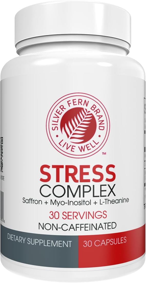 Silver Fern Stress Complex Supplement - Without Caffeine - Sleep, Worry, Mood & More - with Saffron Supplements, L-Theanine Supplement, Myo-inositol - Natural Stress Relief Supplement (Pack of 1)