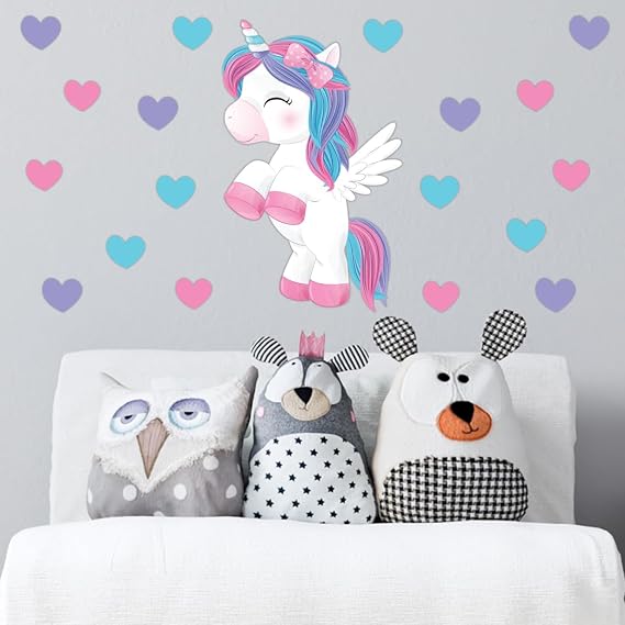Sevimli Unicorn ve Renkli Kalpler Duvar Sticker Seti - Bebek ve Çocuk Odası Dekoratif Yapışkanlı Folyo