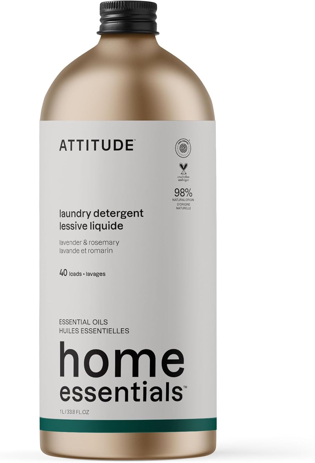 ATTITUDE Laundry Detergent, EWG Verified, Plant and Mineral-Based Ingredients, HE, Vegan Laundry Products, Refillable Aluminum Bottle, 40 Loads, Lavender and Rosemary, 1 Liter