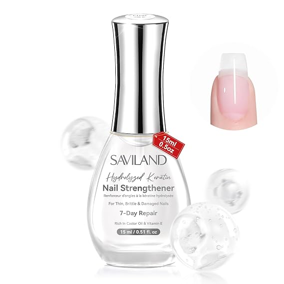 SAVILAND Clear Nail Strengthener and Growth for Demaged Nails 0.5 Fl.oz | Fast Air Dry, Natural Nail Polish, Nail Growth Polish Strengthening, Repair Weak & Thin Cracked Nails Treatment Women