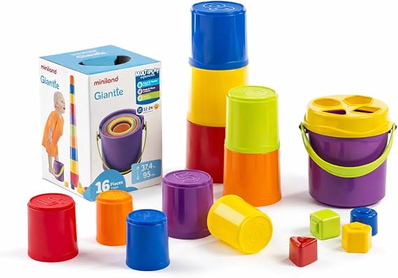 Miniland Sorting & Stacking Toys, Montessori for 1 Year Old, +2 Year Old Boy, 16 Pieces, Kids Cups, Baby Toys 1 Year Old, Shape Sorter | Giantte