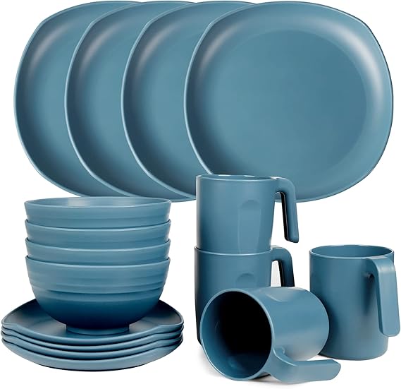 Greentainer Unbreakable Lightweight Dinnerware Sets, Plastic Dinner Set, 4 Dining Plates, 4 Bowls, 4 Cups, Microwave and Dishwasher Safe, Camping Tableware for Kids and Adults, Service for 4(Blue)