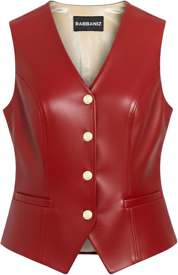 Womens Real Lambskin Leather Vest Slim Fit Button Down Waistcoat with Gold Buttons & Soft Lining
