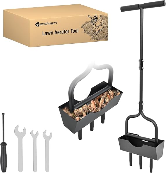 Yesker Lawn Aerator Coring Tool with Soil Core Tray, 39 inches Manual Garden Plug Aerator for Grass Aeration, Yard Aerator & Cleaning Tool for Compacted Soil, Lawn Care