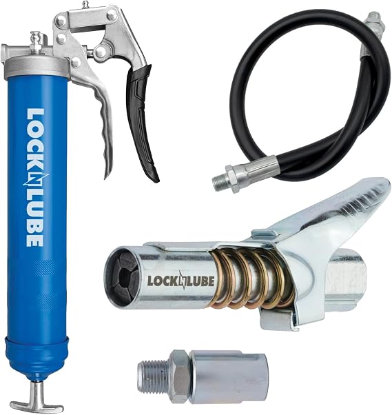 LockNLubeヘビーデューティーピストルグリップグリースガンブルー当社の特許取得済みのLockNLube®グリースカプラーロックオン、ステイオン、漏れなしと、高品質の20インチホースとインラインホーススイベルが含まれています。