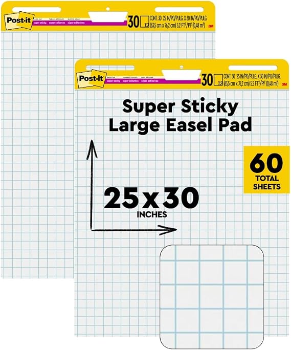 Post-it Super Sticky Easel Pad, 25 x 30 in, White Grid, 2 Pads | Premium Self Stick Flip Chart Paper, Super Sticking Power
