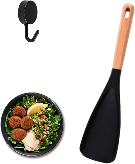 Short Wooden Handle Silicone Spatula, Cooking Spoon Spatula, Cooking Spoon for Nonstick Cookwares, Bpa-Free Matte Silicone, Wood Handle, For Mixing, Scoop, And Scrape (black)