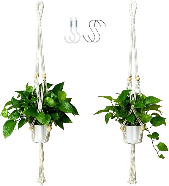 2-Pack Macrame Plant Hangers, 35 Inch | Boho Hanging Planters, With Tassel, 4 Hooks Included, Handwoven Cotton Rope, For Indoor Home Decor (No Pot Included)