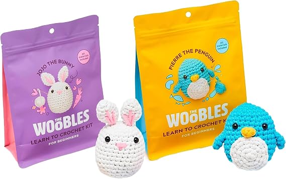 The Woobles Beginners Crochet Kit with Easy Peasy Yarn as seen on Shark Tank Bundle - with Step-by-Step Video Tutorials - Pierre The Penguin and JoJo The Bunny
