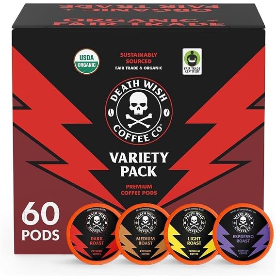 Death Wish Coffee Mixed Roast Variety Pack Coffee Pods, Organic, 60 Count | Fair Trade Arabica & Robusta, Medium Dark & Espresso Roasts, Bold & Balanced, Assorted