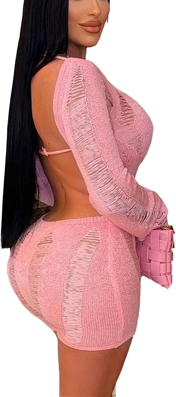 Women's Sexy Backless Rompers One Piece Long Sleeve Knitted Jumpsuit Off The Shoulder Bodycon Hollow Out Jumpsuits