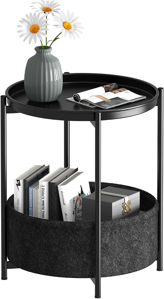 Round Side Table Sofa Table 2 Levels Metal Balcony Table Small Table Coffee Table with Fabric Basket Living Room Table Side Tables Bedside Table for Bedroom Living Room (Black)